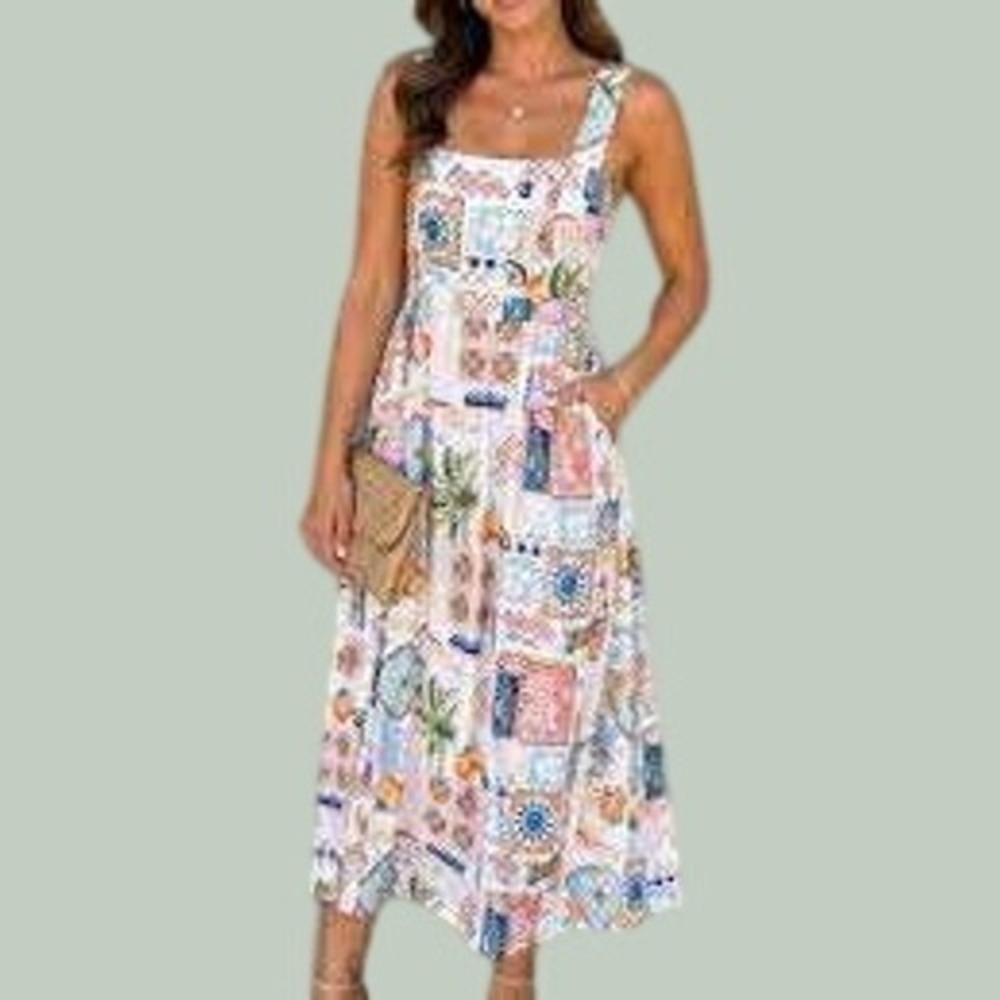 Spighe Di Lino Postcard Print Tropical Sundress Maxi S Tropical Italia Patchwork